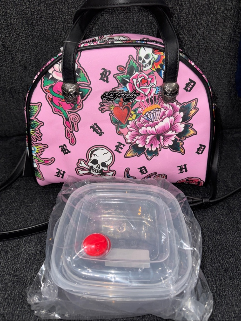 Ed Hardy Pink Tattoo-Print Lunch Box/Satchel w/ Crossbody strap NWT - Picture 5 of 6